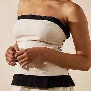 NWT Free People Sz: L Cream Cotton Tube Top Black Ruffle Side Button Cottagecore